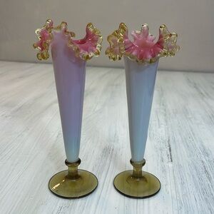 Vintage Art Glass Pedestal Base Ruffle Edge Bud Vase Set